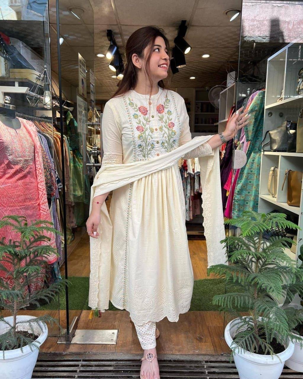 Cotton Embroidered Kurta Set with Pants & Dupatta
