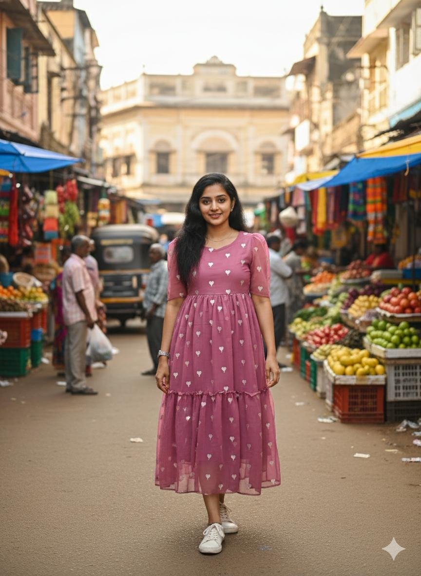 Heart Print Party Wear Midi Dress