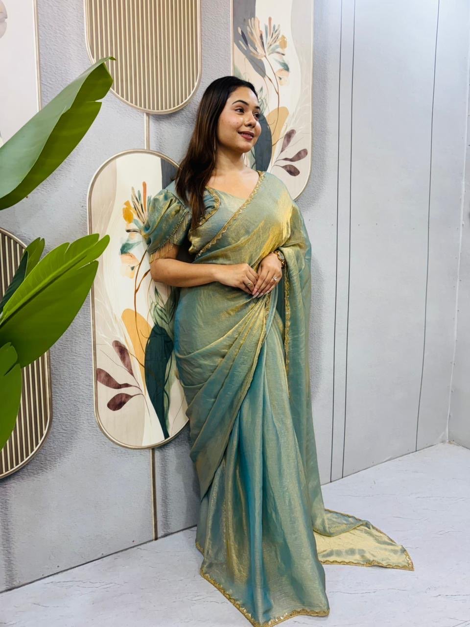 Elegant Space Silk Gown Saree with Beads & Latkan Lace | Designer Party Wear