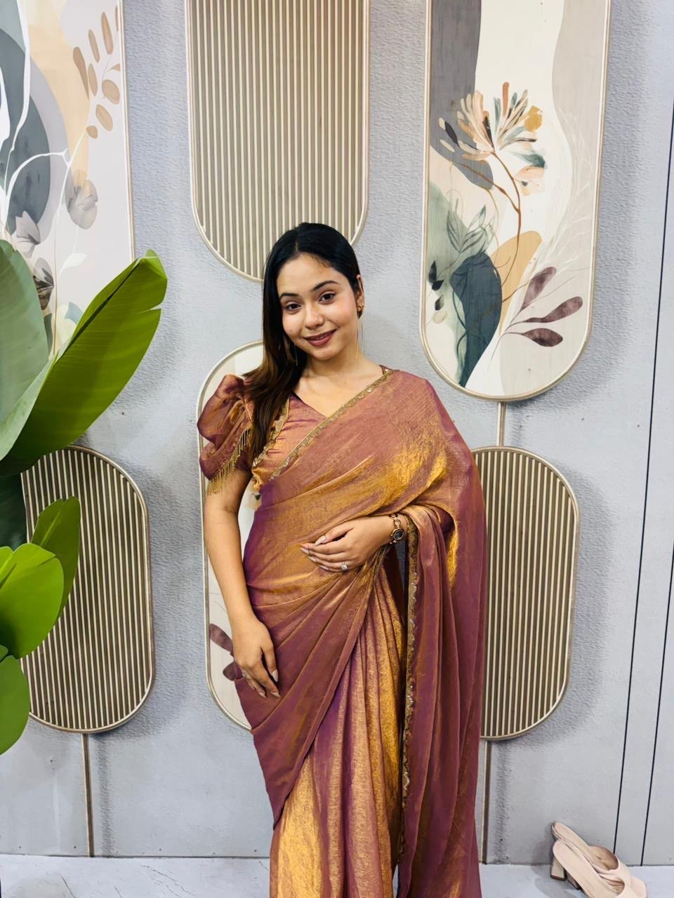 Elegant Space Silk Gown Saree with Beads & Latkan Lace | Designer Party Wear