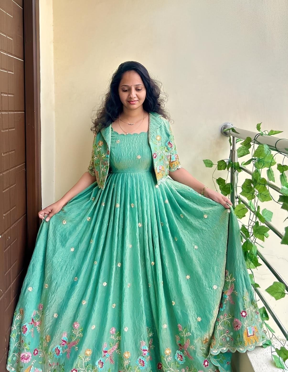 Faux Georgette Embroidered Gown & Coat Set | Elegant Party & Festive Wear