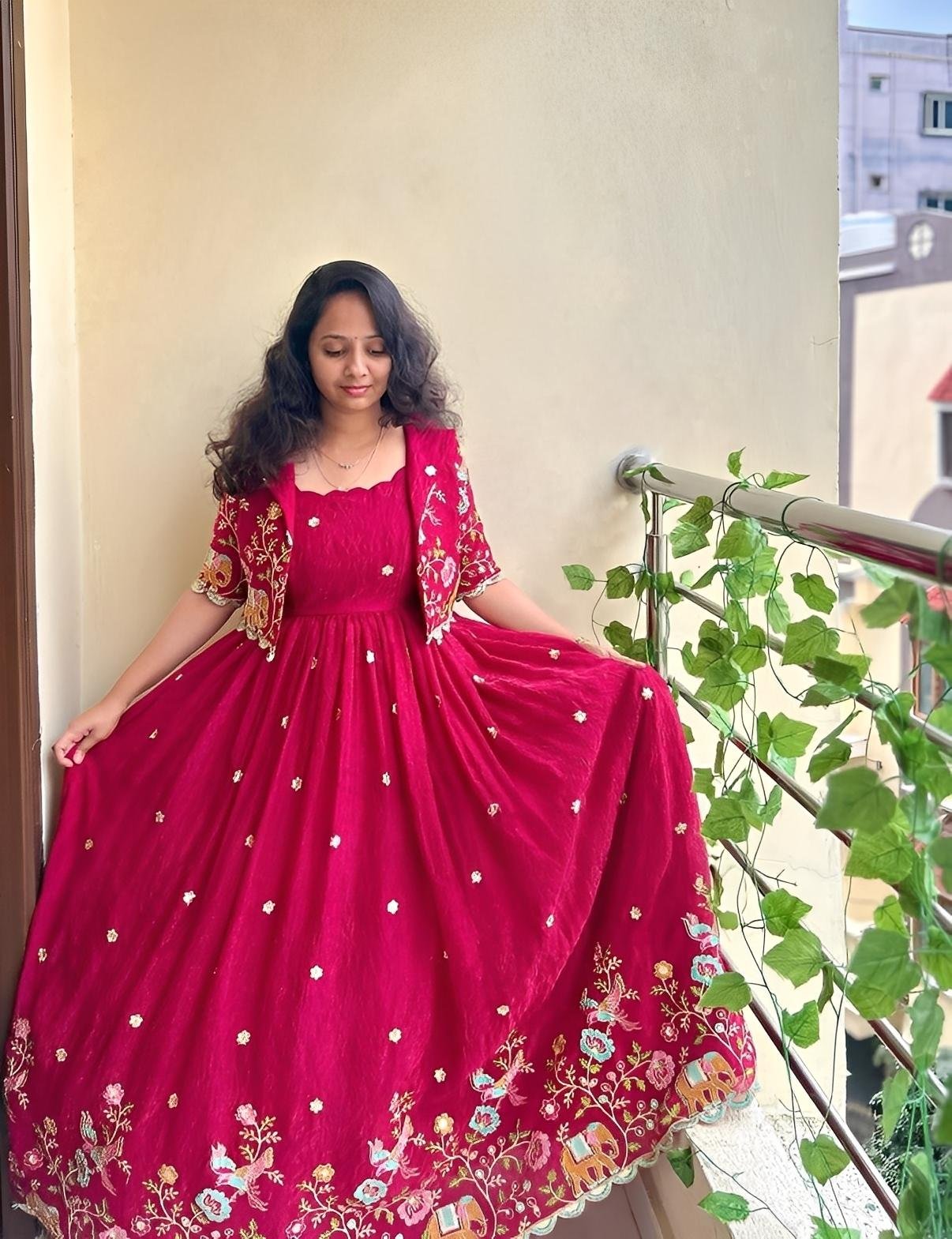 Faux Georgette Embroidered Gown & Coat Set | Elegant Party & Festive Wear