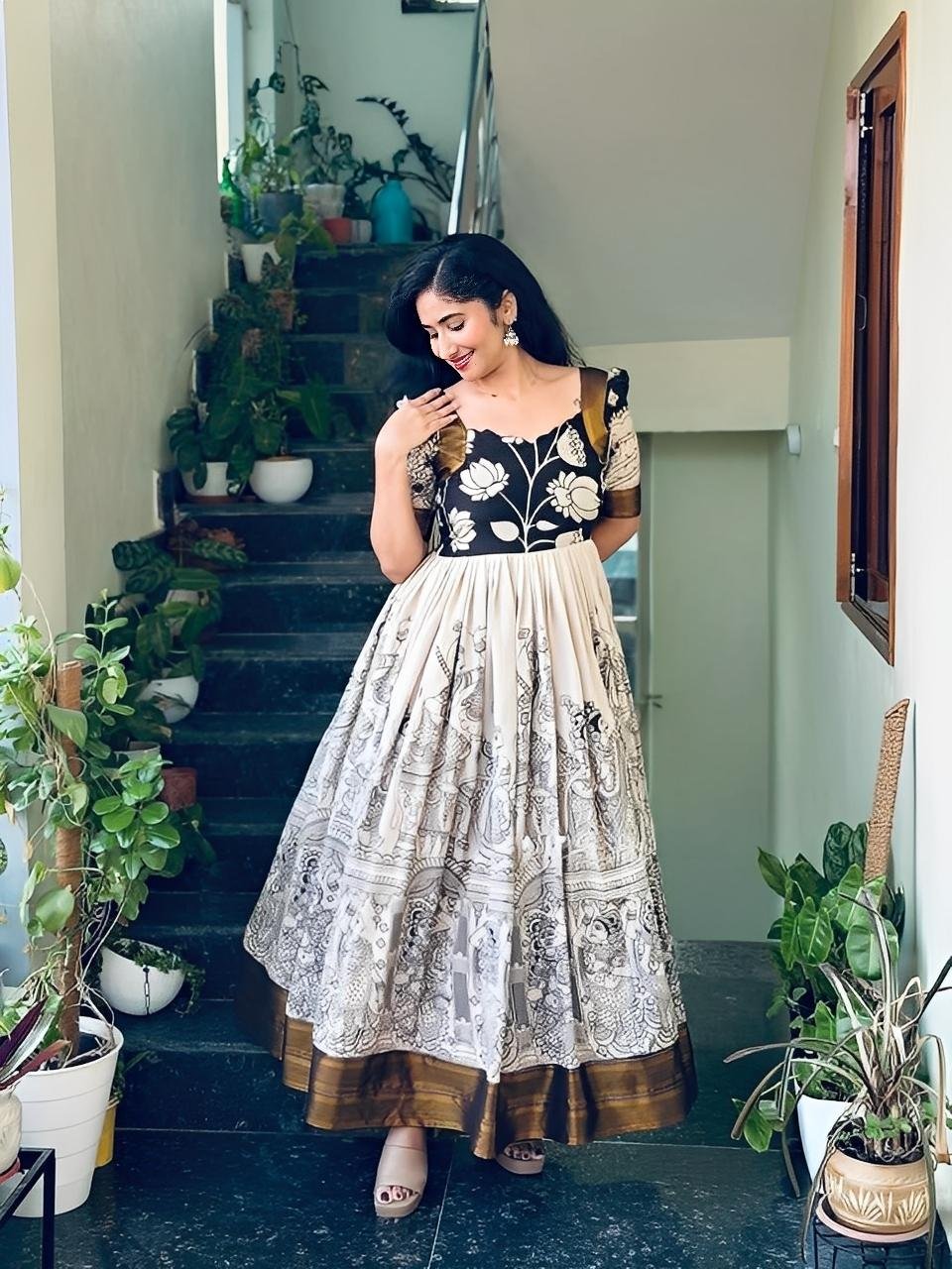 Kalamkari White Silk Anarkali with Lining │Lotus Kolam printed Long Gowns