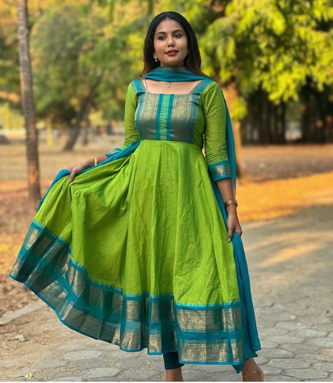 Parrot Blue Silk Gown with Dupatta set│Pretty ethnic Gown sets│Steal Deal Offer