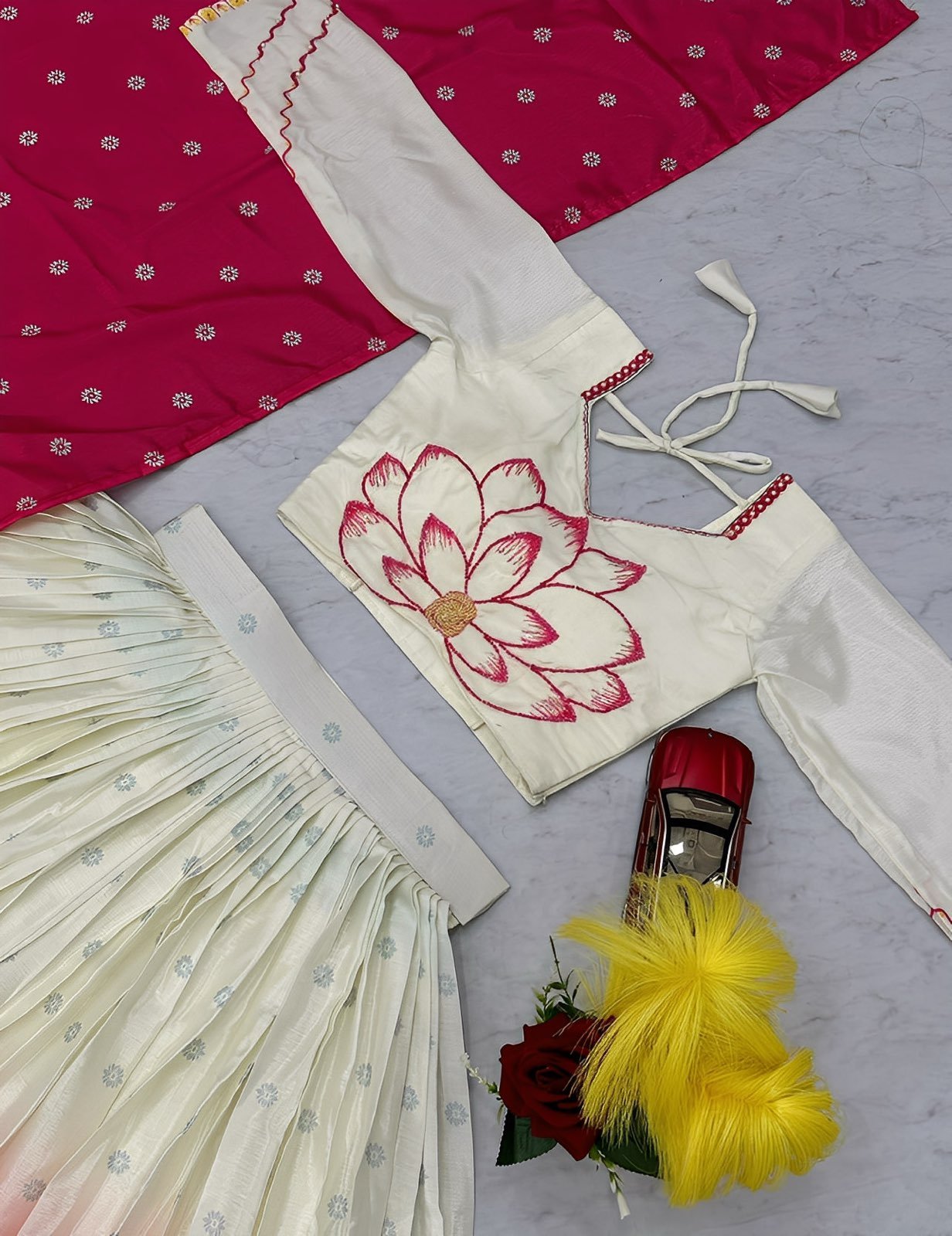 White Lovers Pink Jasmine Lehenga - Fully stitched Halfsaree