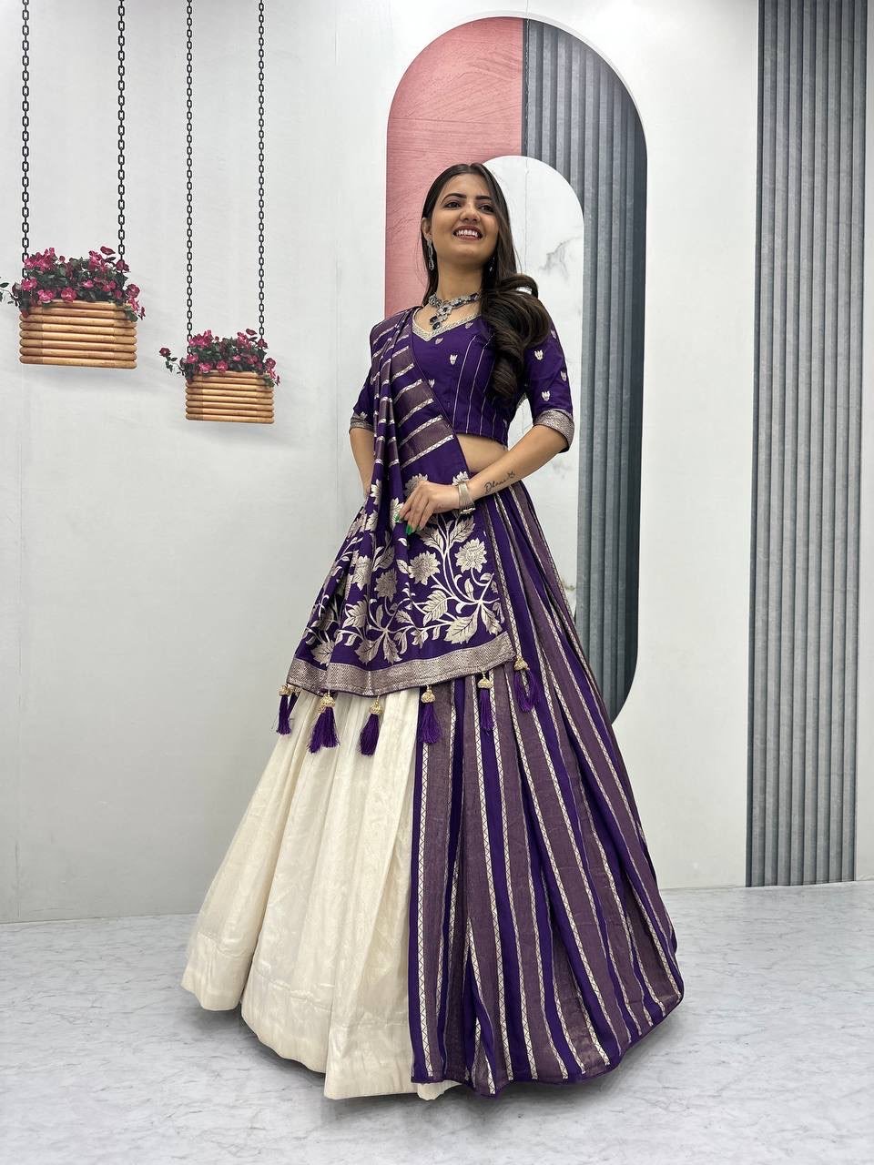 White lovers Jacquard  Silk Lehenga - Ready to wear  Halfsaree