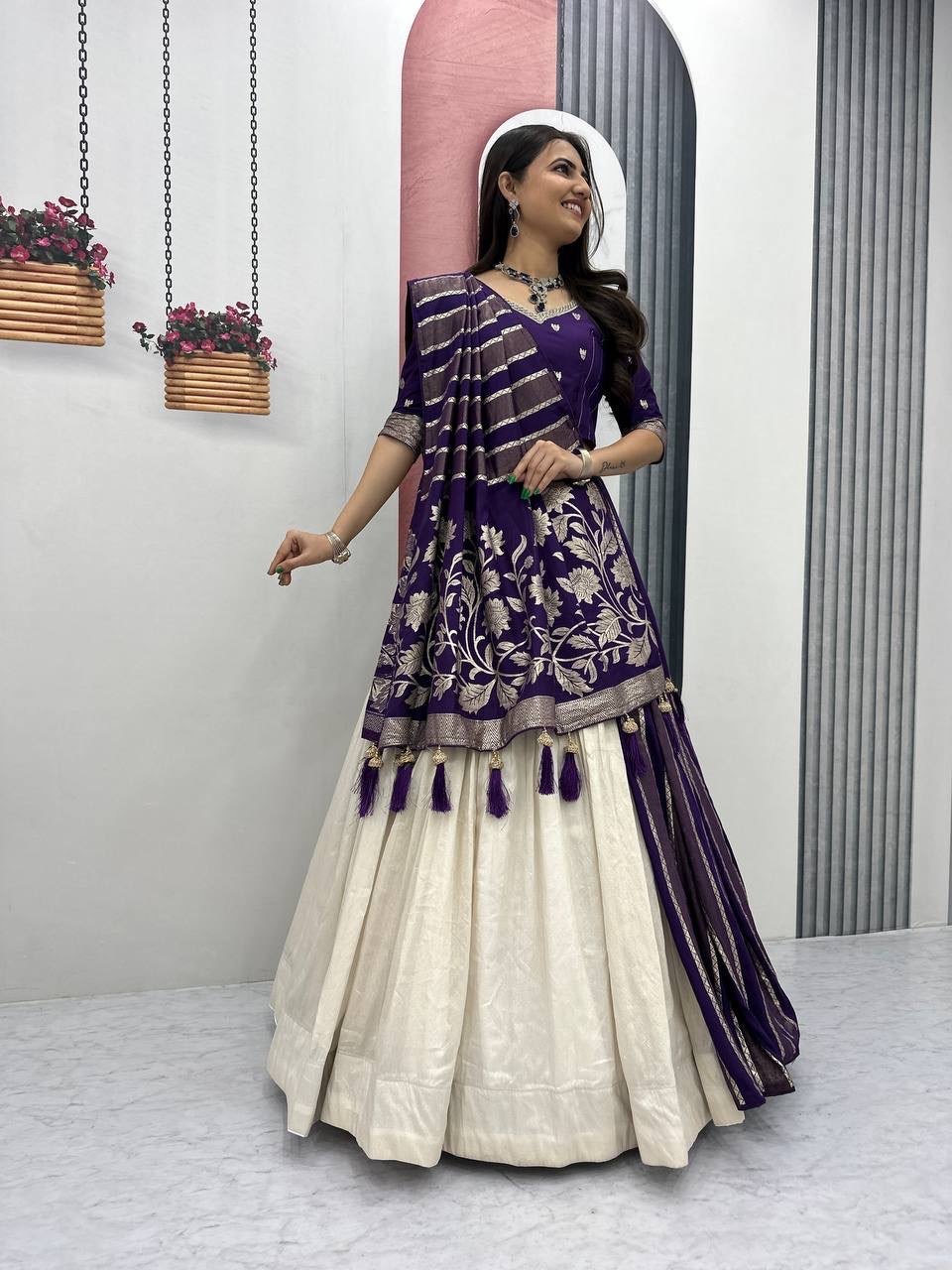 White lovers Jacquard  Silk Lehenga - Ready to wear  Halfsaree