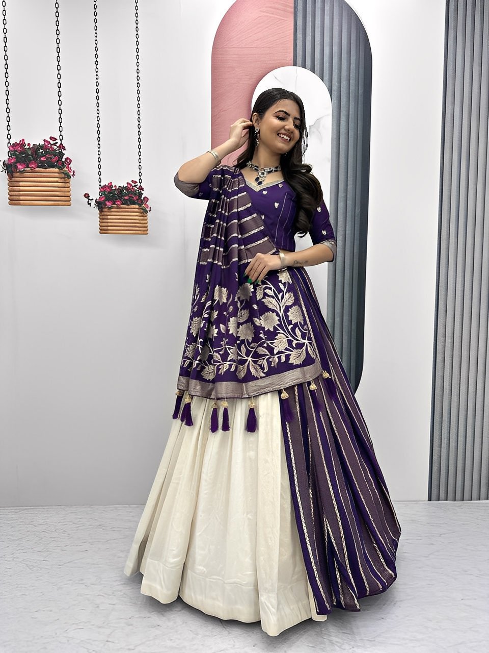 White lovers Jacquard  Silk Lehenga - Ready to wear  Halfsaree