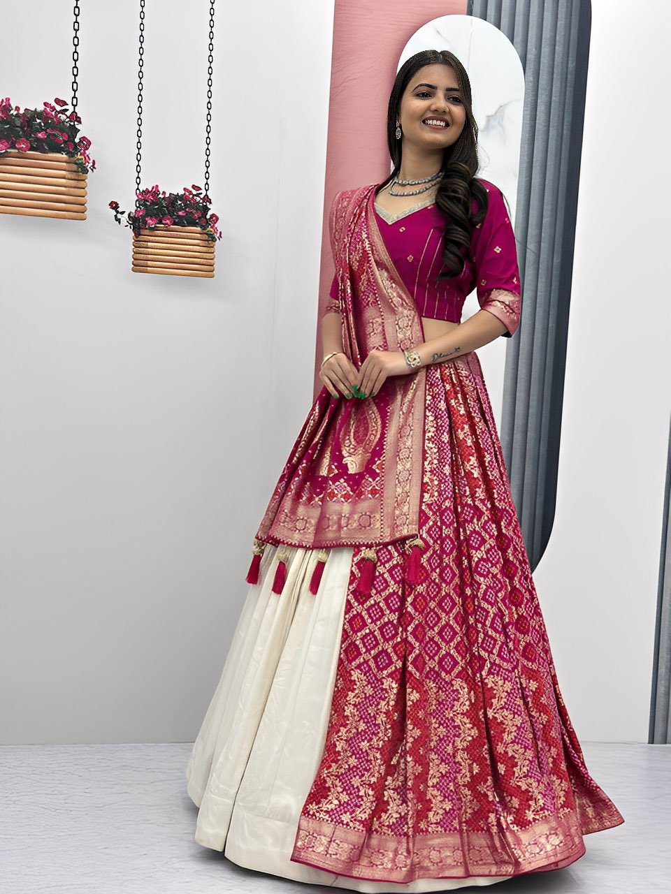 White lovers Jacquard  Silk Lehenga - Ready to wear  Halfsaree