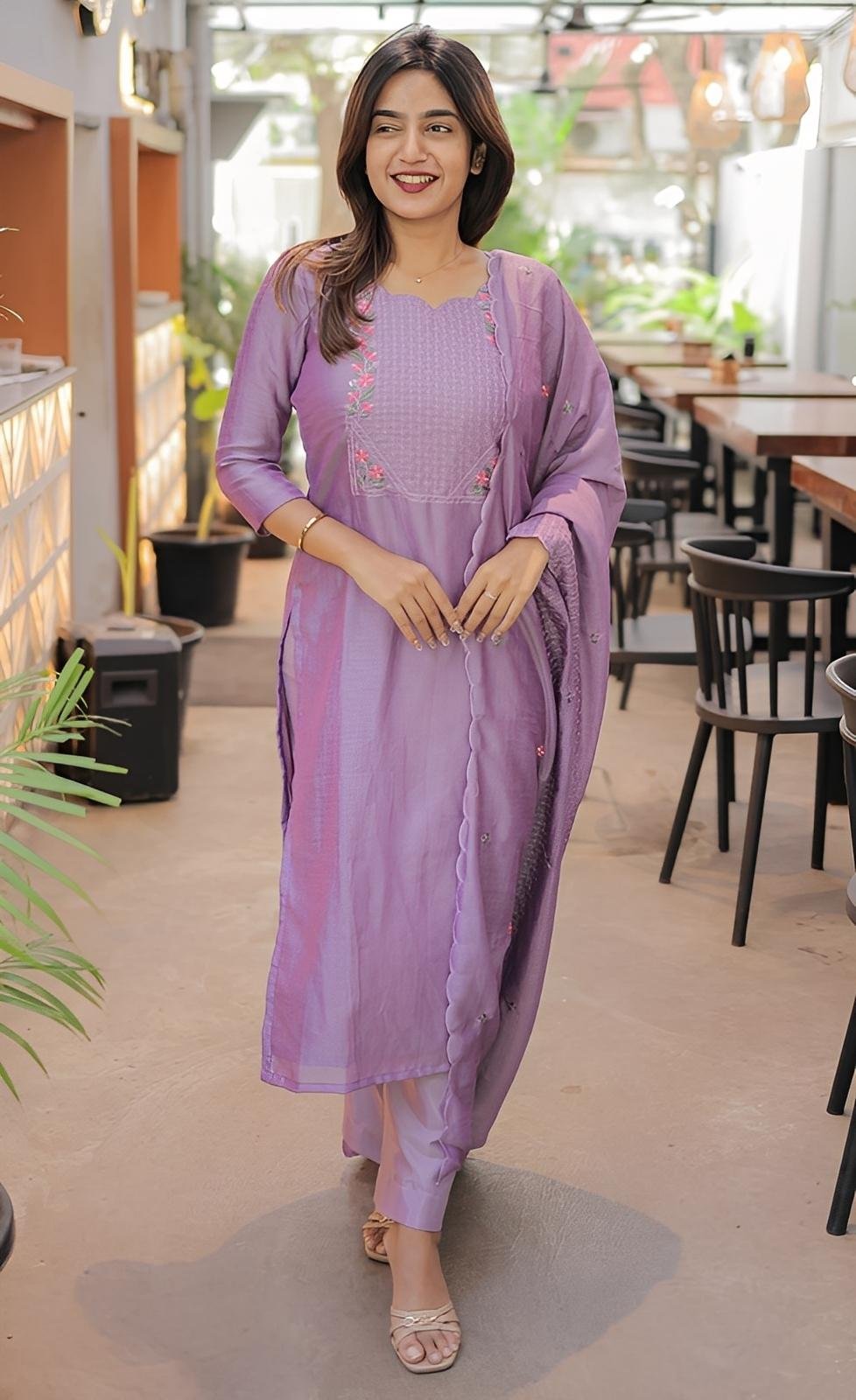 Elegant Vertical Cotton Calf-Length Straight Kurta Set
