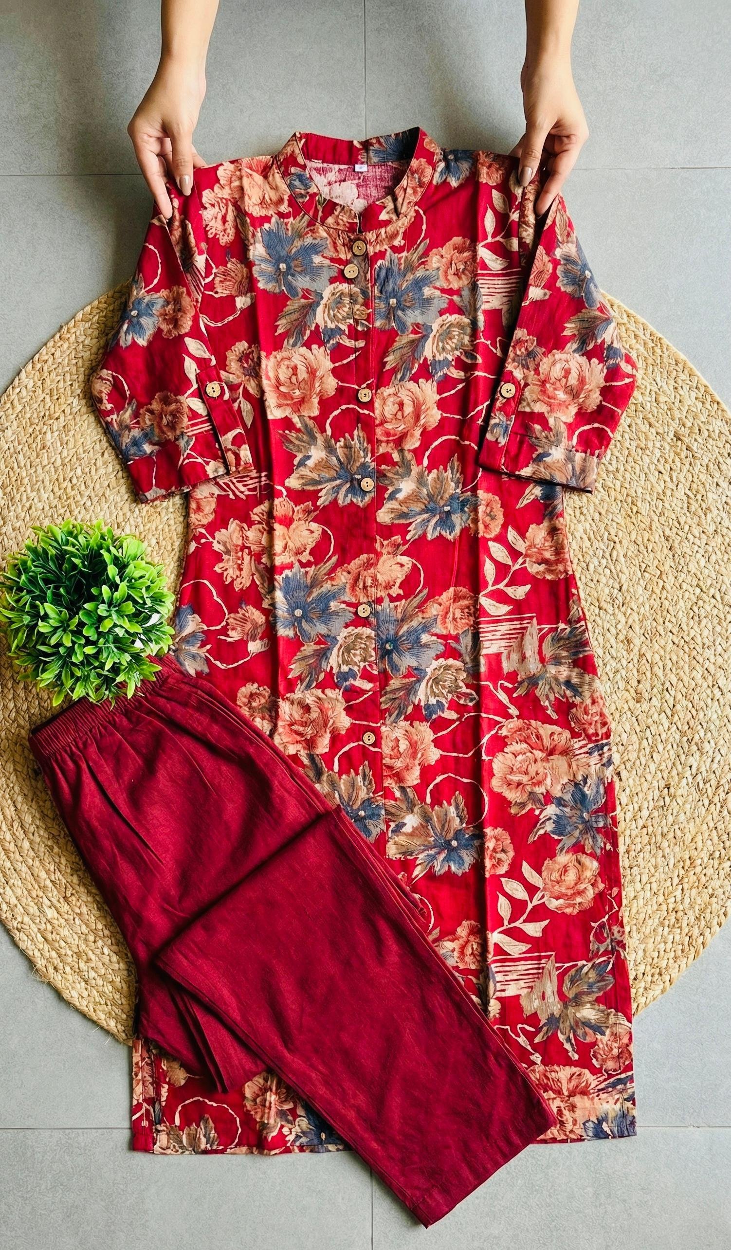 Pure Cotton Floral Kurta Pant Co-Ord Sets - Office wear Kurta sets
