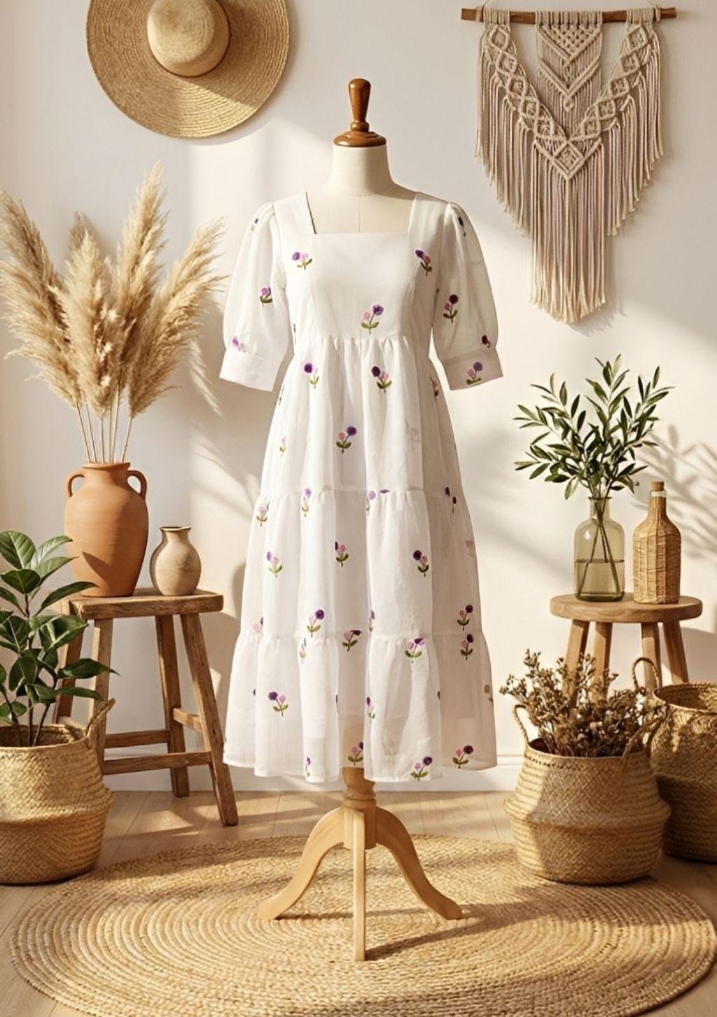 Lavender Blossom Maxi  │Cotton embroidered Gown  │ Lininng attached