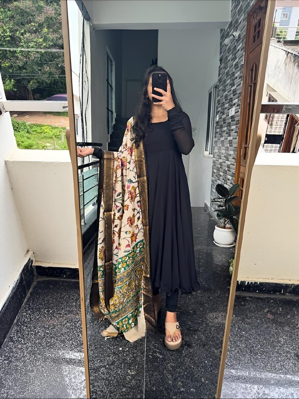 Black Designer Anarkali and Kalamkari Dupatta set - Offer