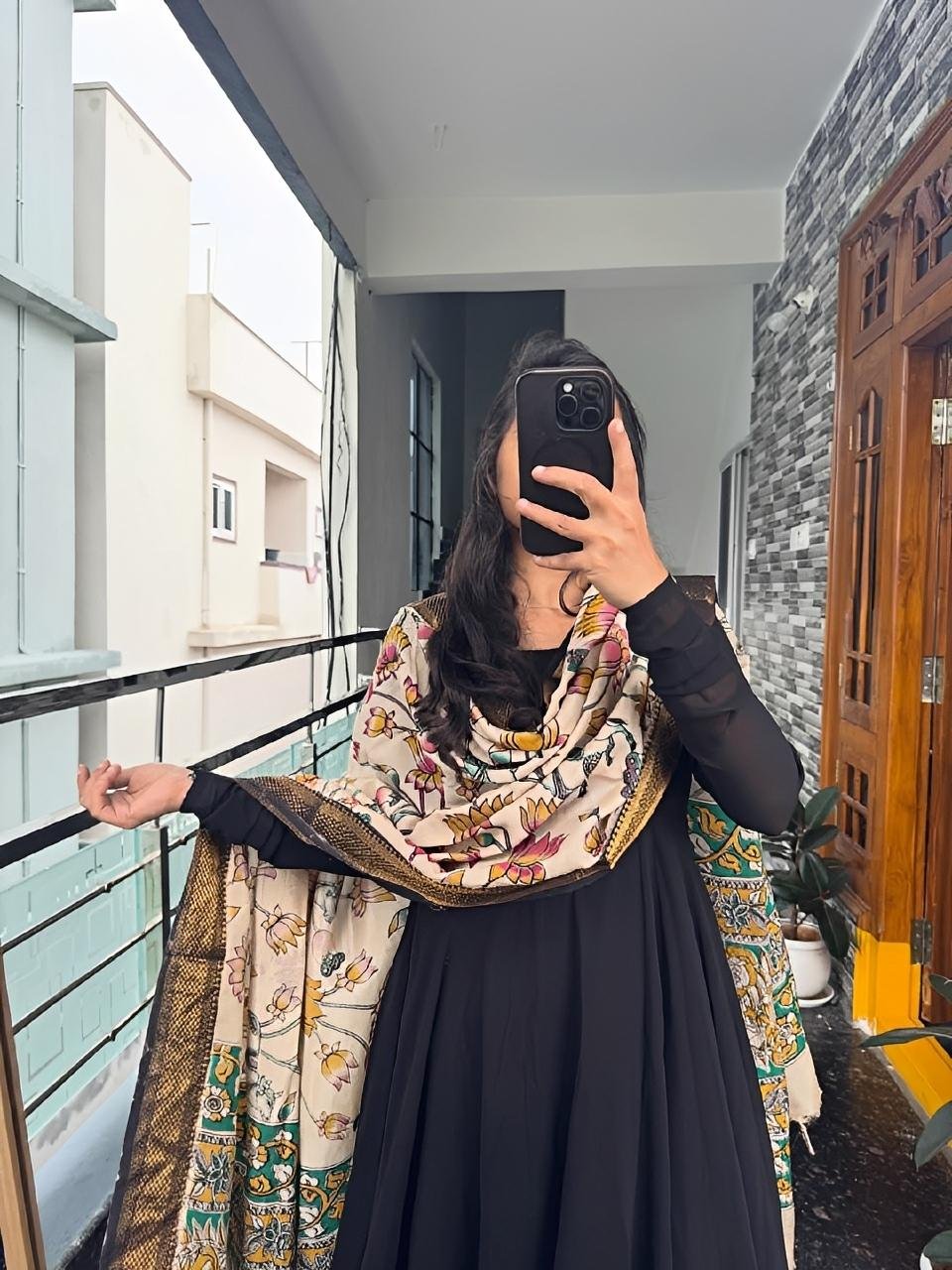 Black Designer Anarkali and Kalamkari Dupatta set - Offer