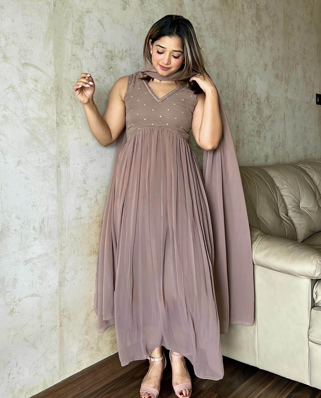 Chocolate Partywear Gown Pant Dupatta set - Exclusive Offer