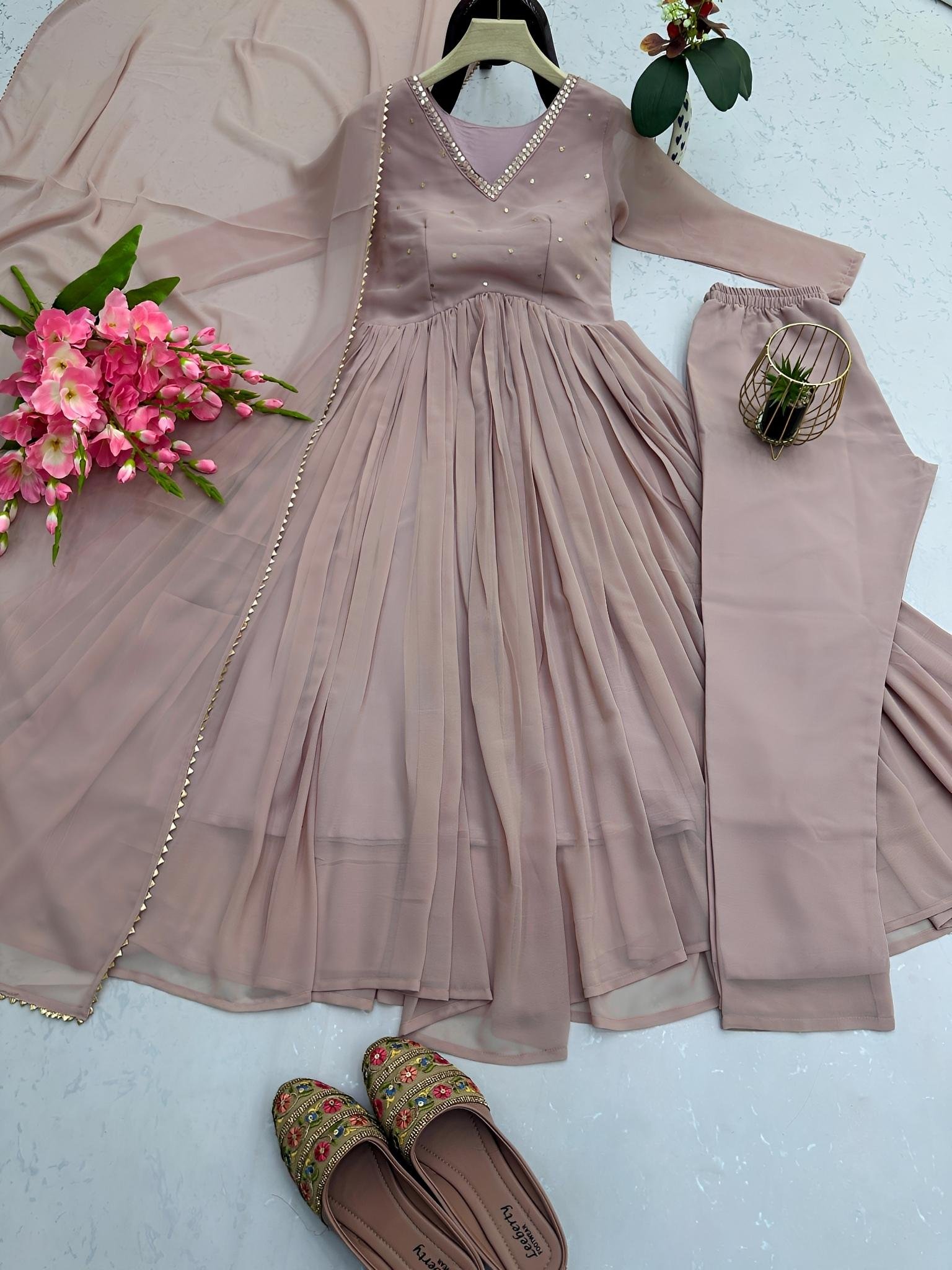 Chocolate Partywear Gown Pant Dupatta set - Exclusive Offer