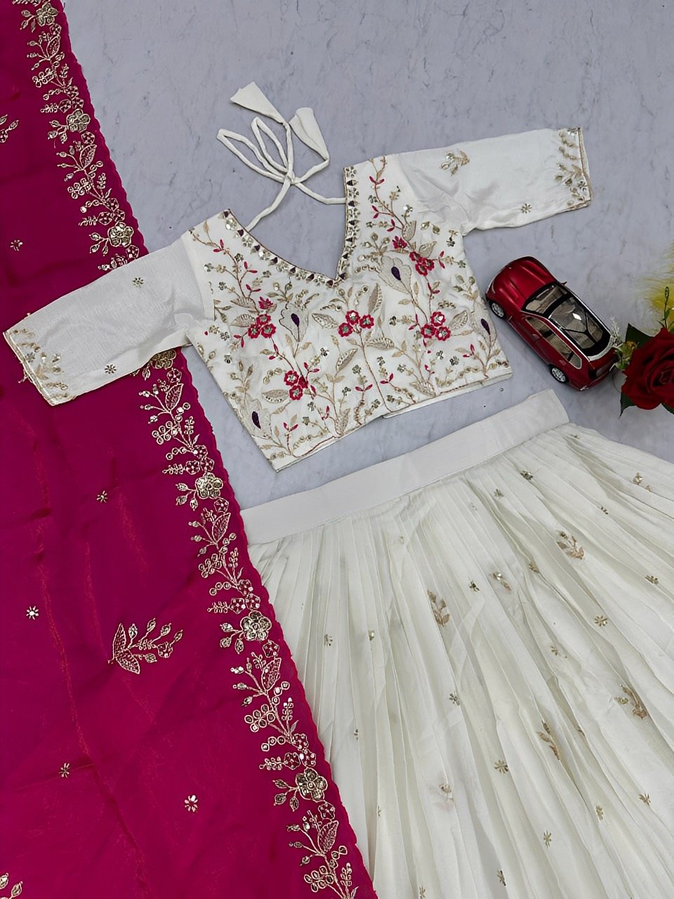 Pink floral Embroidered Readymade Halfsaree - Rich attractive stitched Lehenga