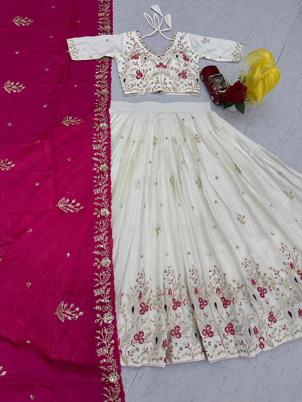 Pink floral Embroidered Readymade Halfsaree - Rich attractive stitched Lehenga
