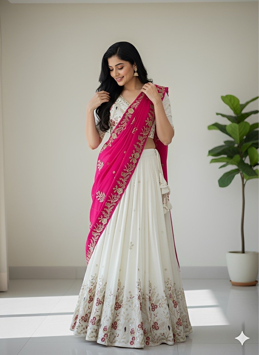 Pink floral Embroidered Readymade Halfsaree - Rich attractive stitched Lehenga
