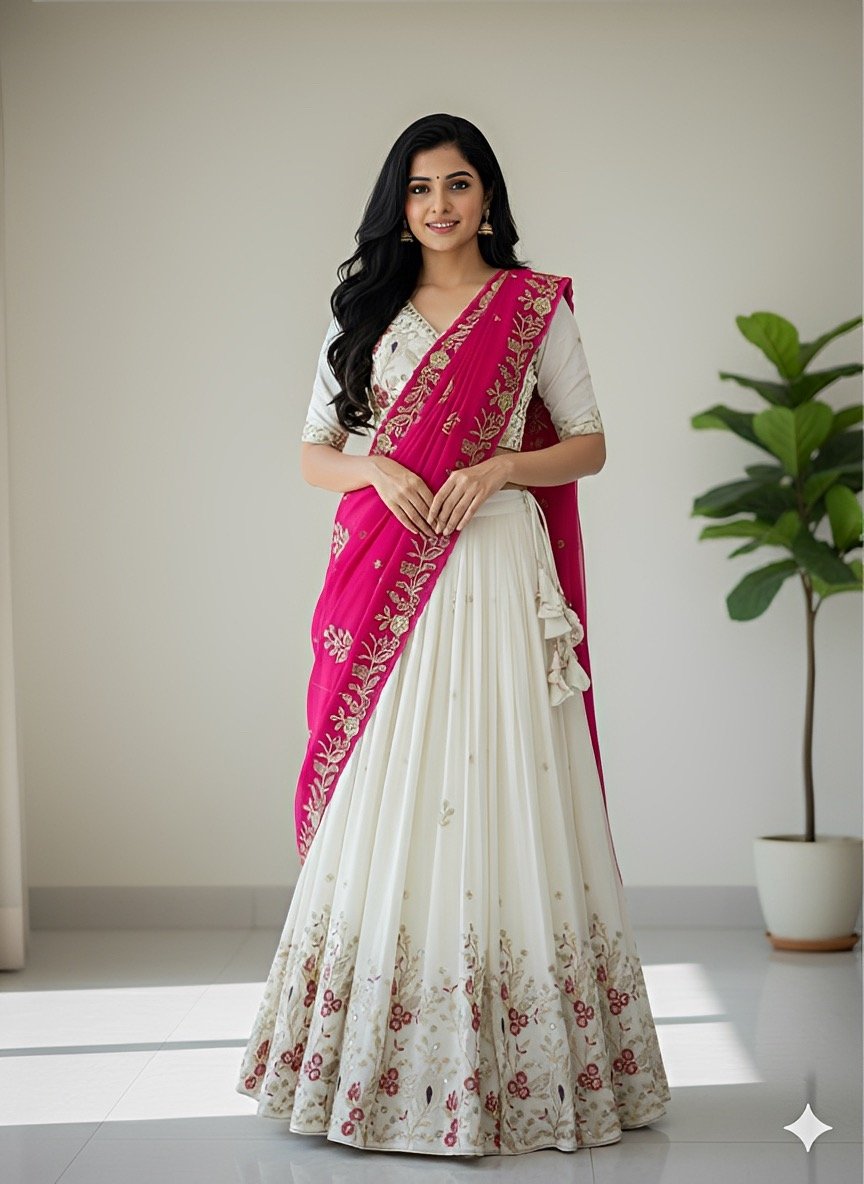 Pink floral Embroidered Readymade Halfsaree - Rich attractive stitched Lehenga
