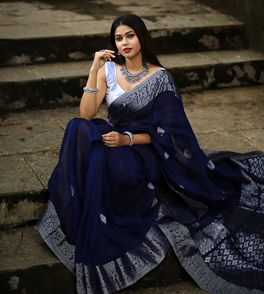 Silver Blue Litchi silk saree - Manufacturing Offer cost