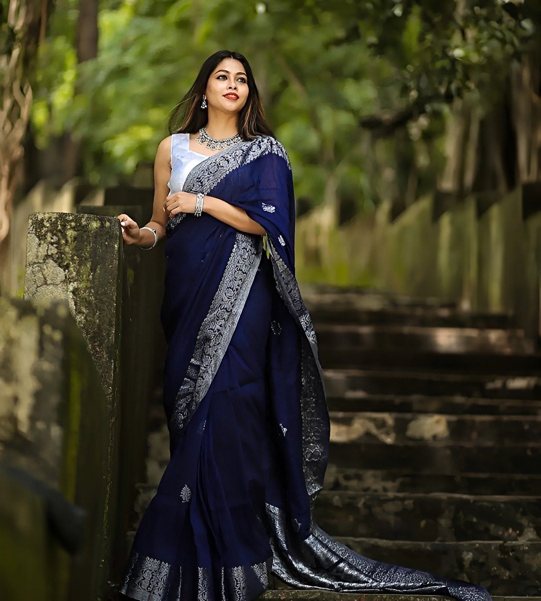 Silver Blue Litchi silk saree - Manufacturing Offer cost