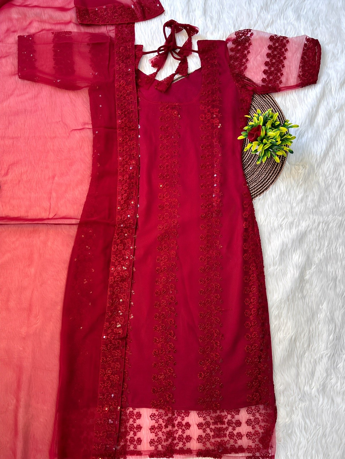 Red Floral Princess Kurti with Dupatta set - Huge Offer