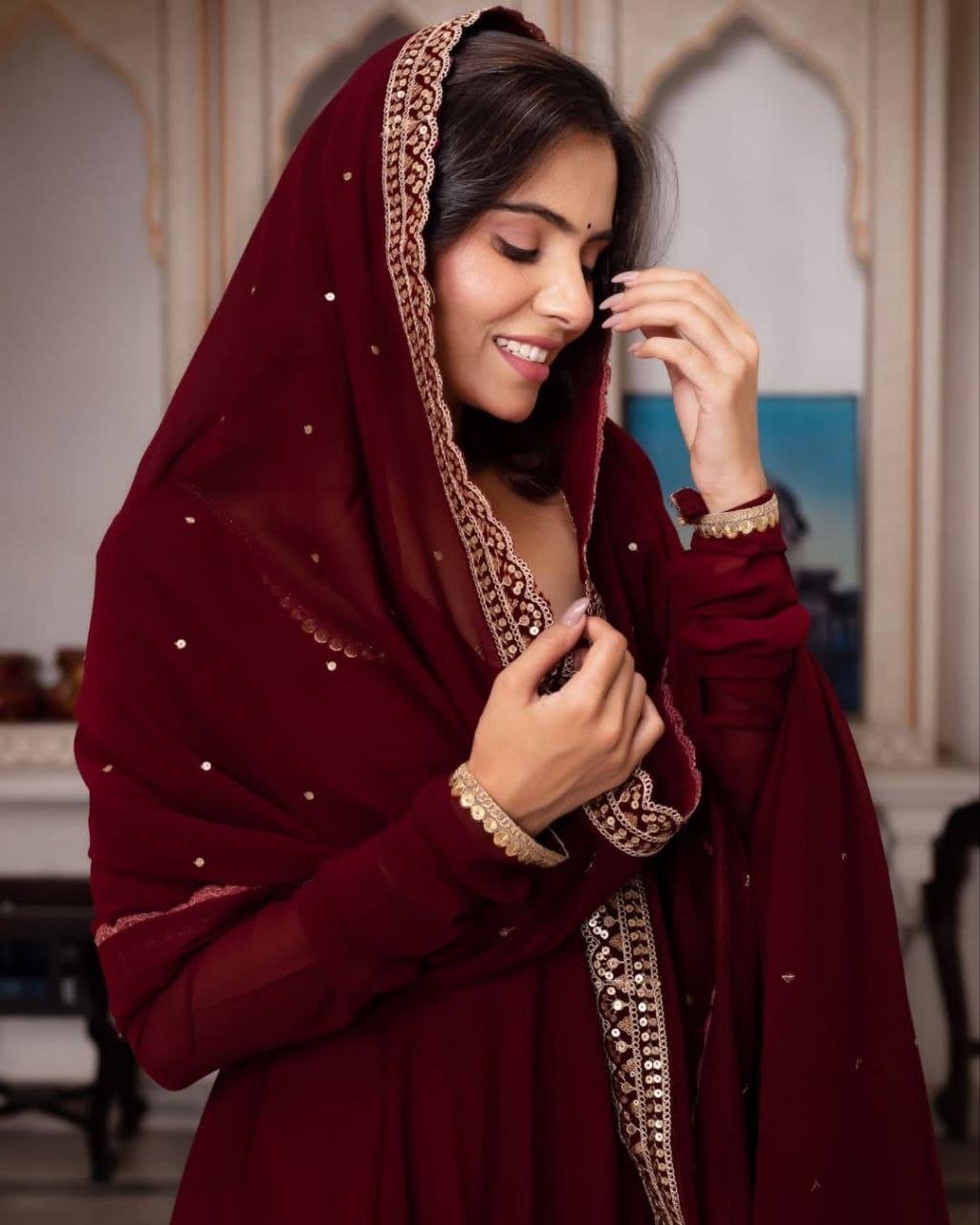 Beautiful Embroidery Georgette Gown with Lace In Dupatta Border