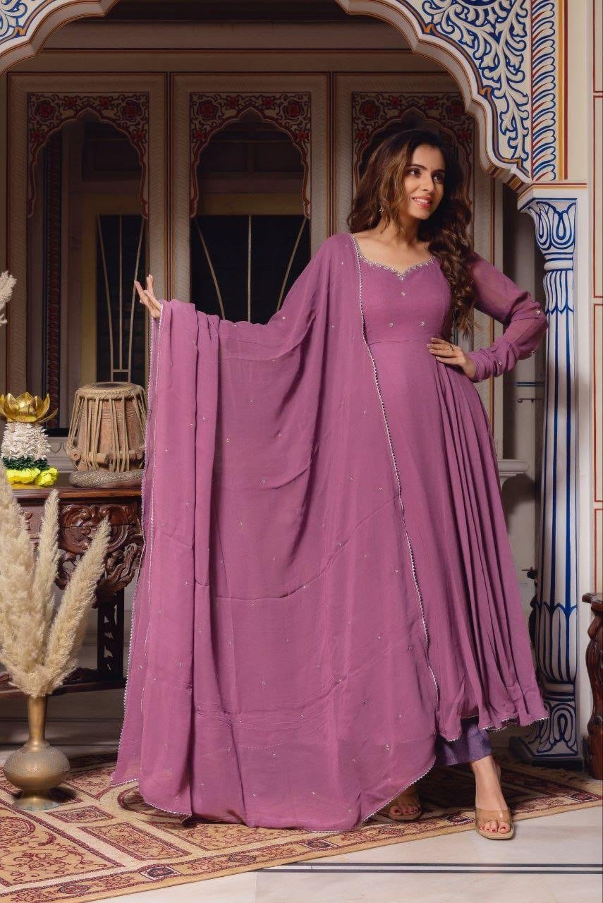 Plum Handwork Anarkali Gown with Dupatta