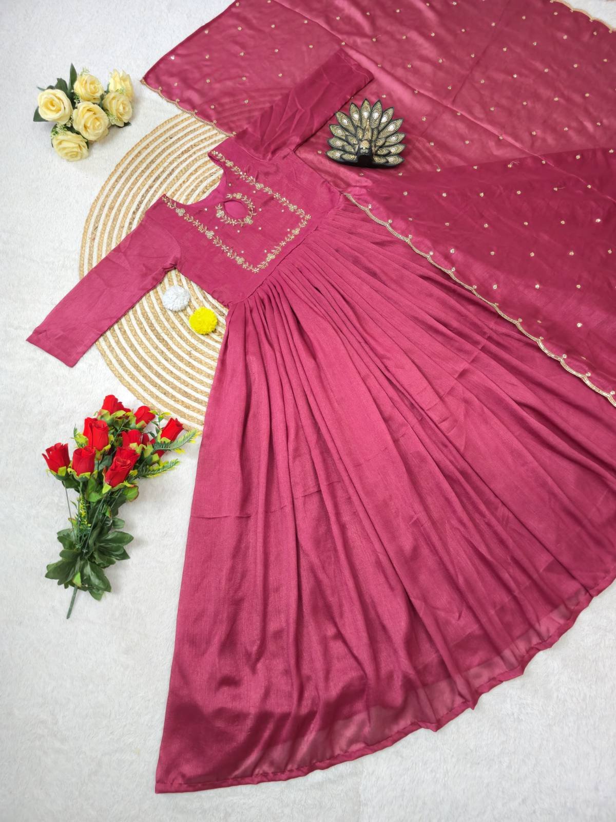 Designer Maggam Hand Work Gown With Zari Sequal Work Duppata.