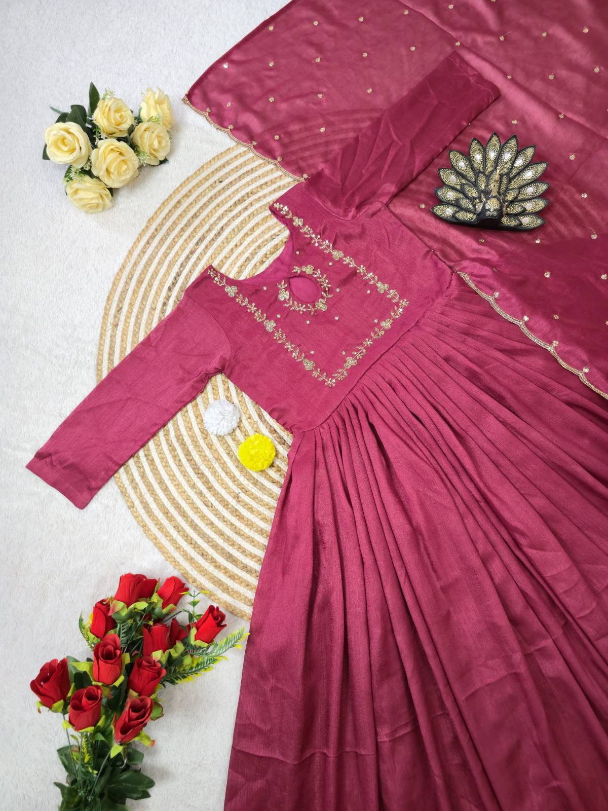 Designer Maggam Hand Work Gown With Zari Sequal Work Duppata.