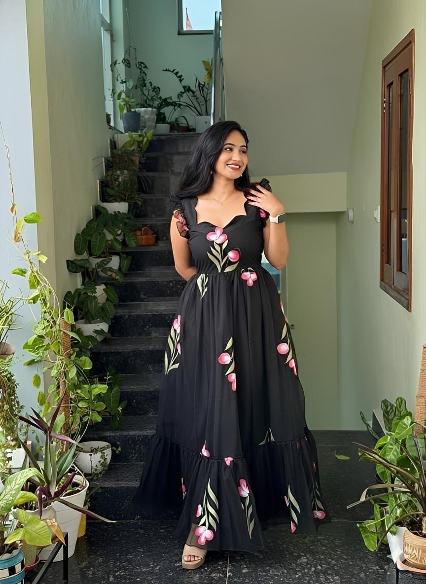 Super‑hit Handpainted Floral Print Maxi Gown