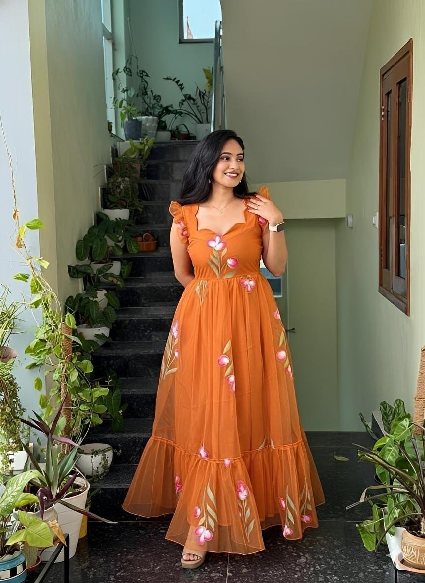 Super‑hit Handpainted Floral Print Maxi Gown