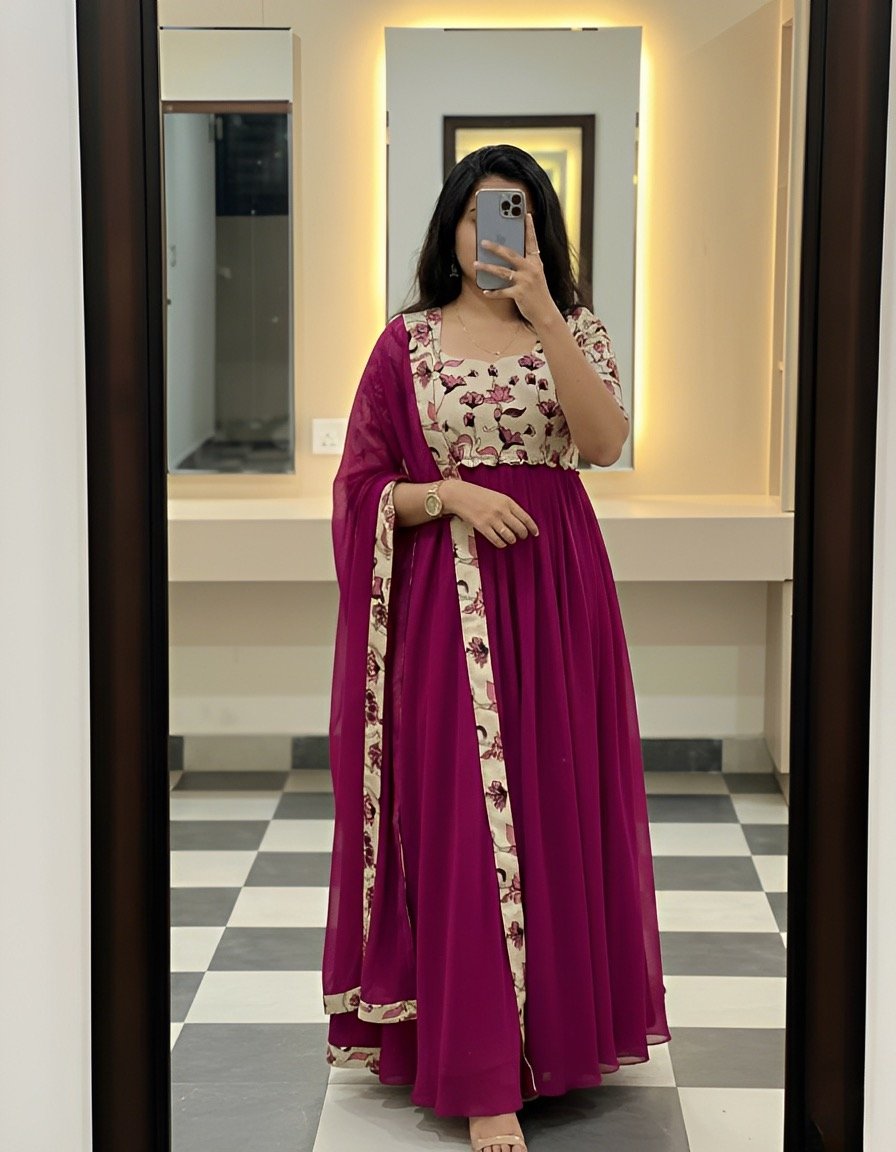 Floral Pink Georgette Gown with Dupatta / Offer sale Designer suit