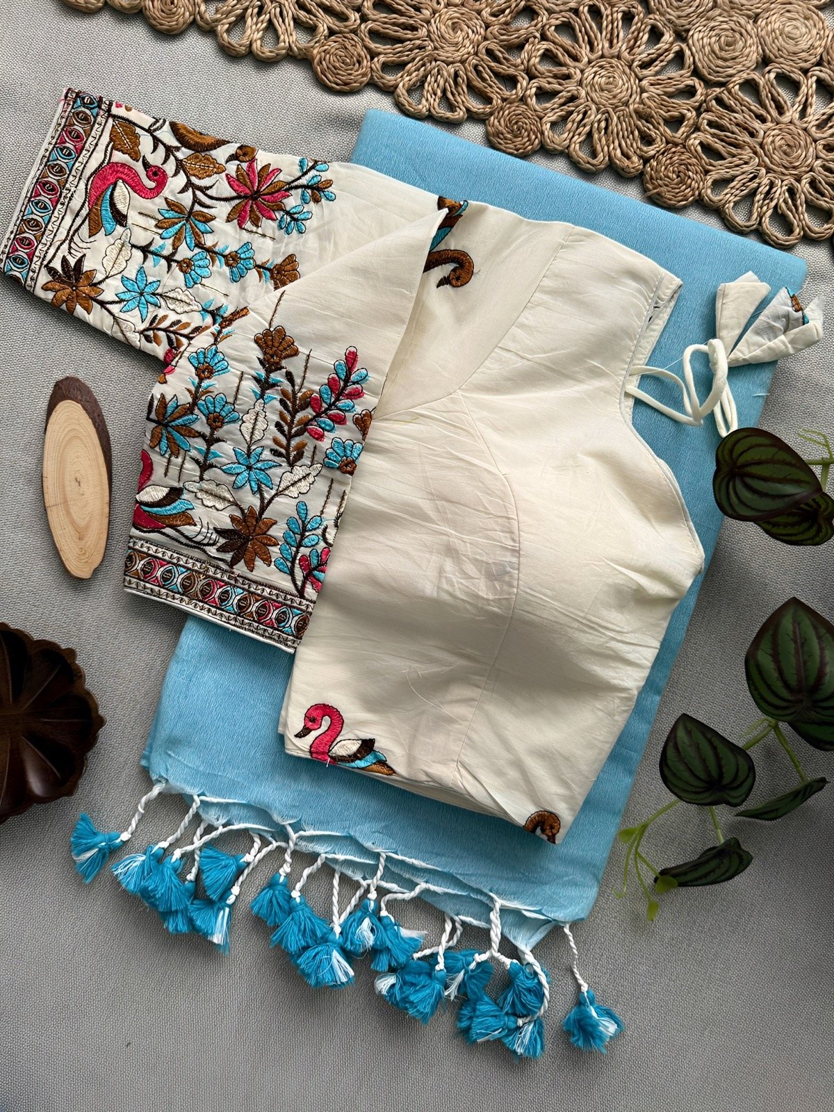 Khadi cotton Saree with Stitched blouse- Ethnic duo