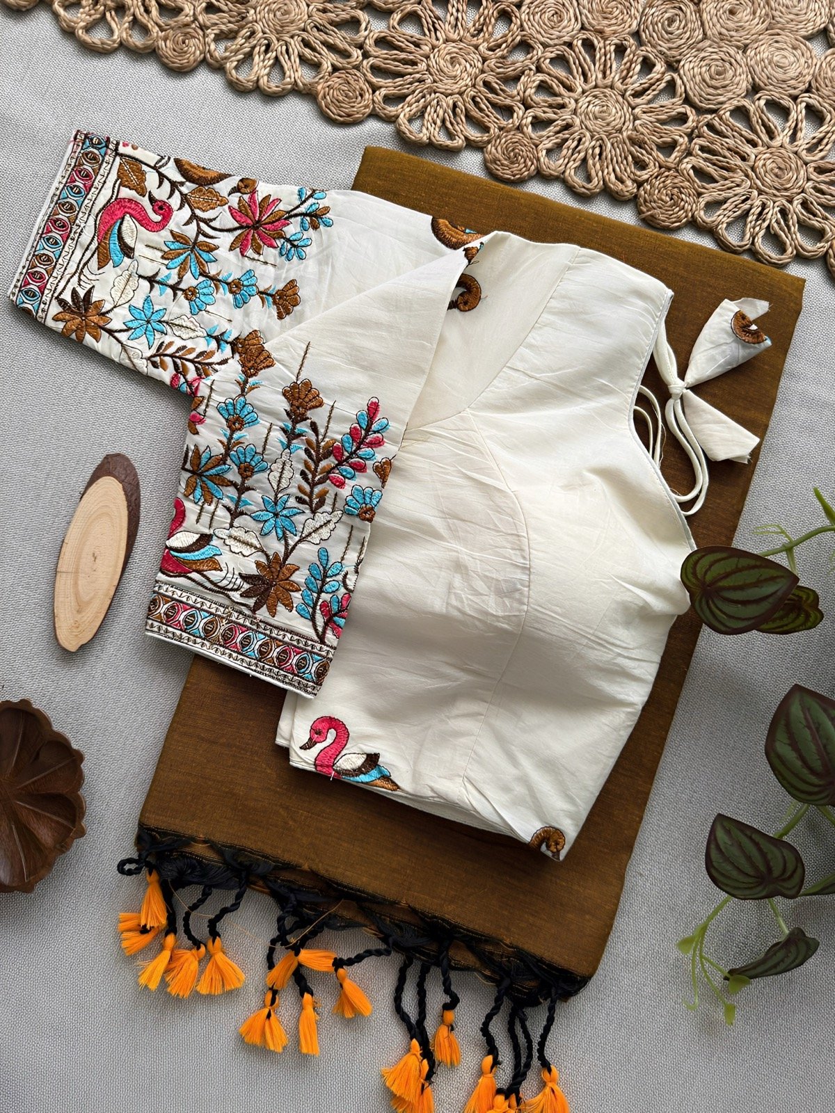 Khadi cotton Saree with Stitched blouse- Ethnic duo