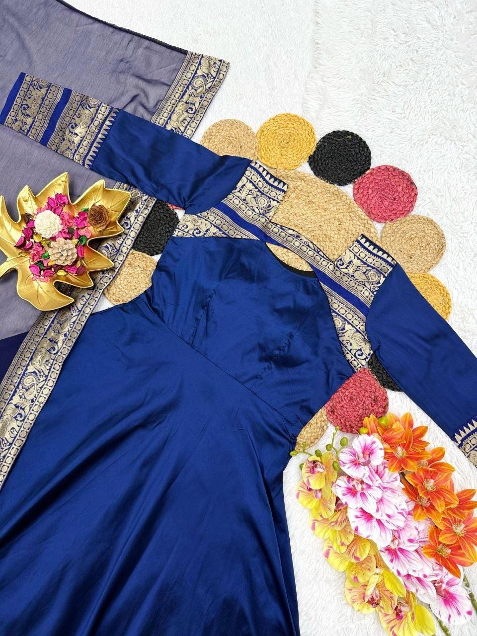 Divine Navy Blue Cotton Silk Gown set with Dupatta💙Exclusive Offer