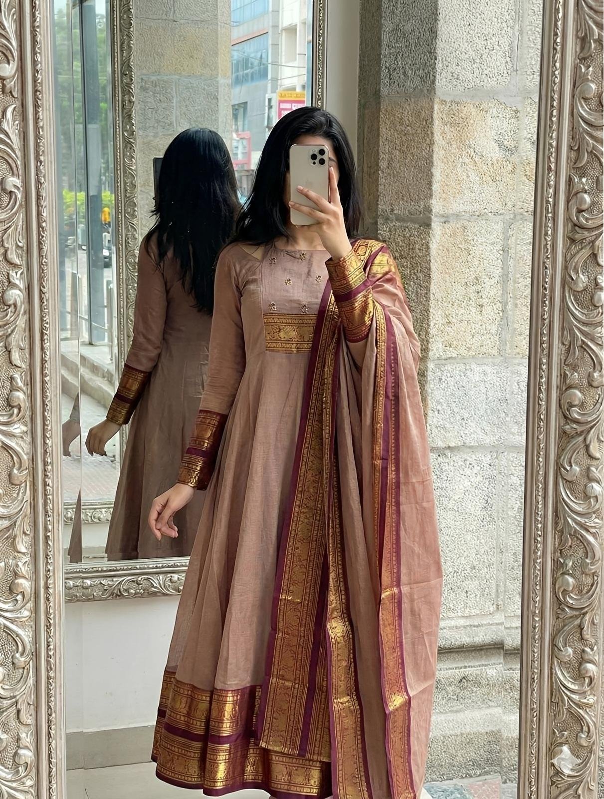 Chocolate Handworked Jaquard Gown with Dupatta - Huge Offer