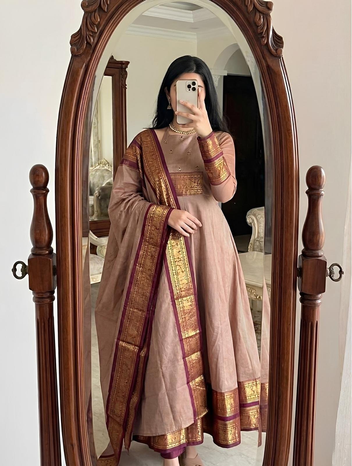 Chocolate Handworked Jaquard Gown with Dupatta - Huge Offer