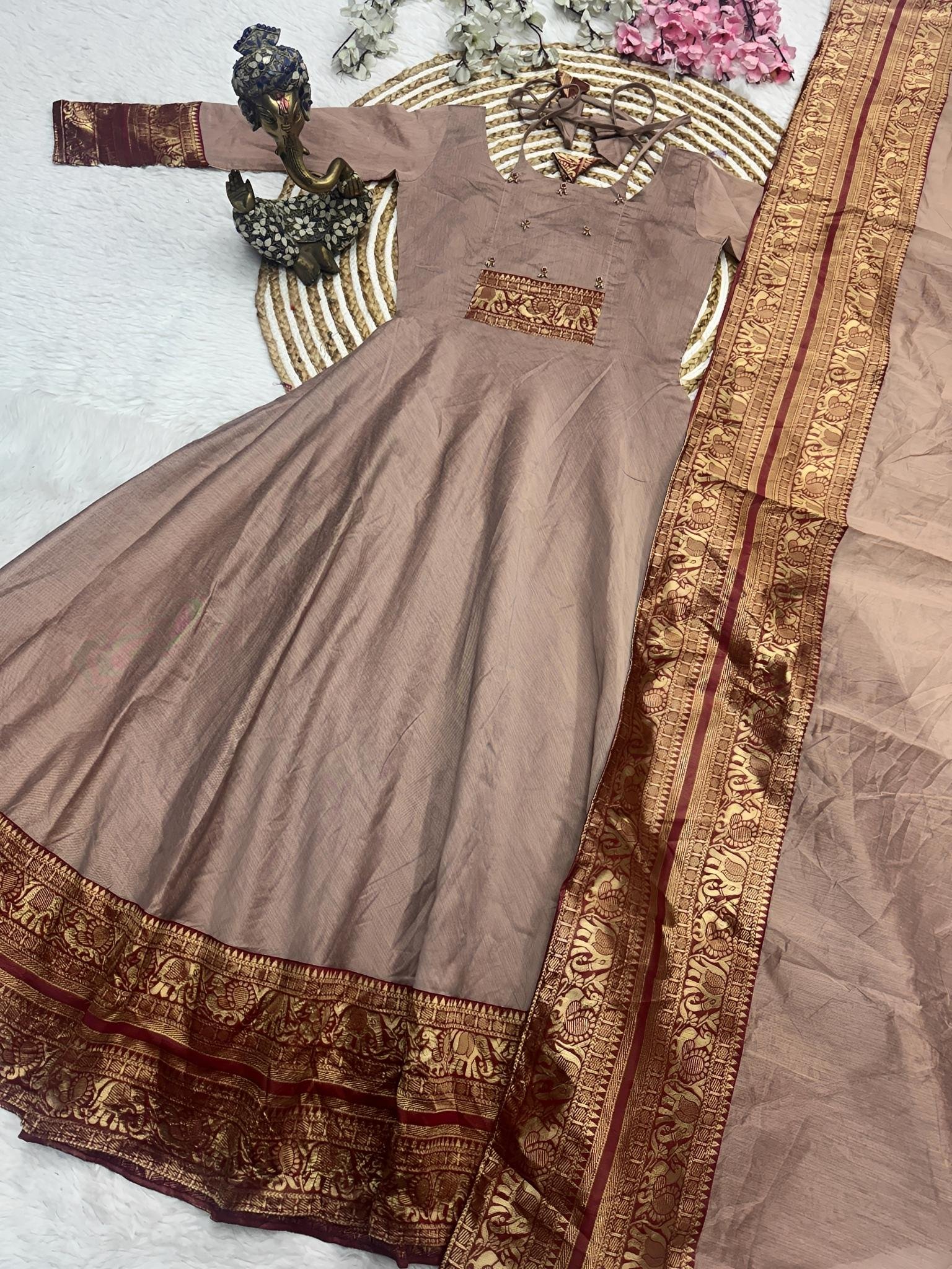 Chocolate Handworked Jaquard Gown with Dupatta - Huge Offer