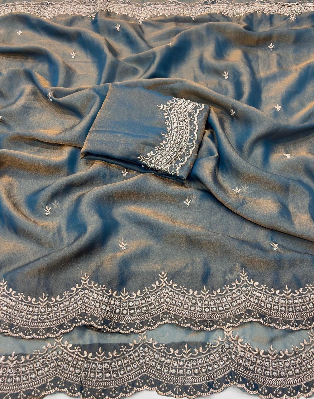 Satin Dual shade Multi embroidery Saree