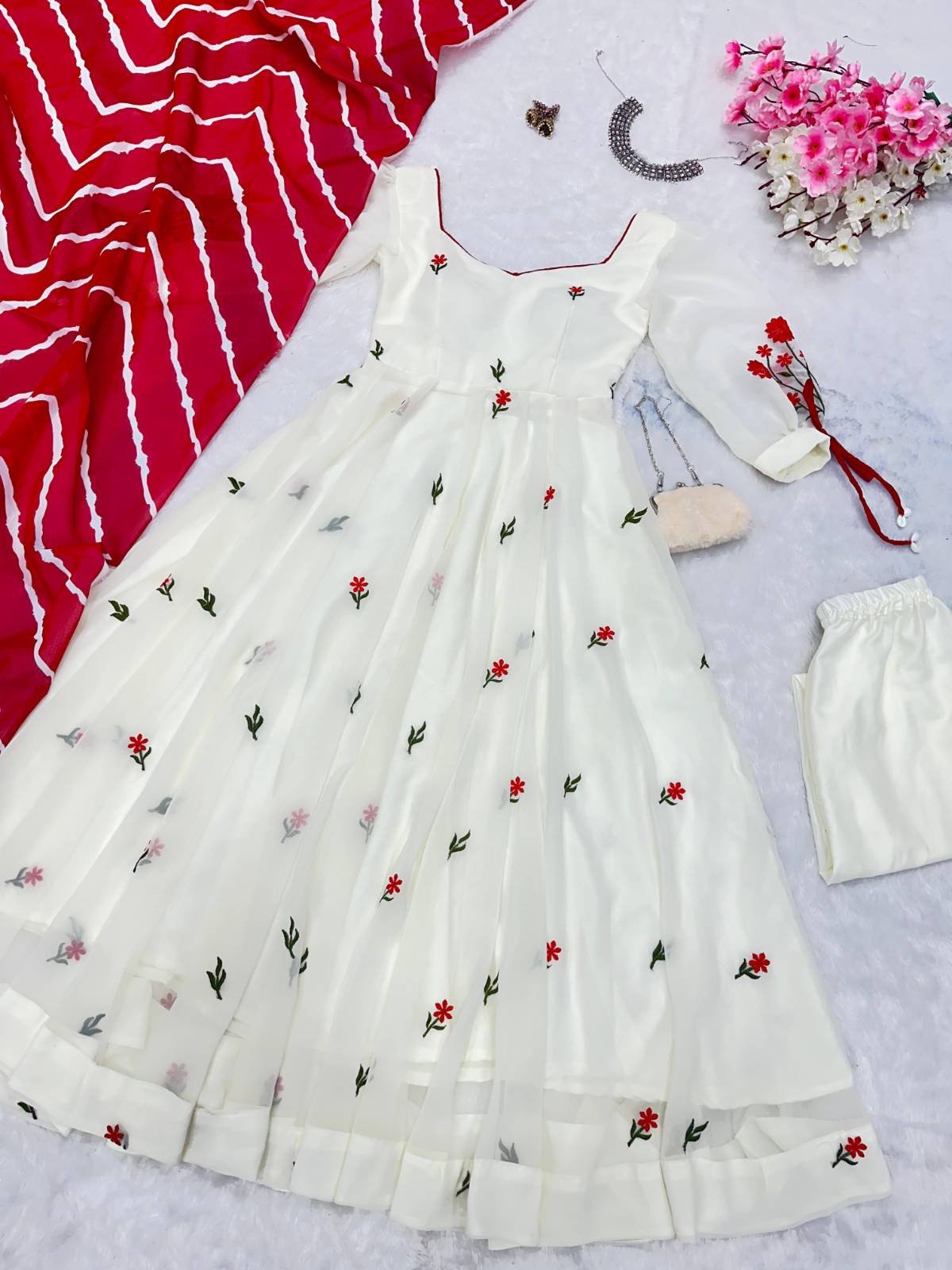 Frozen White Anarkali set -Easter special