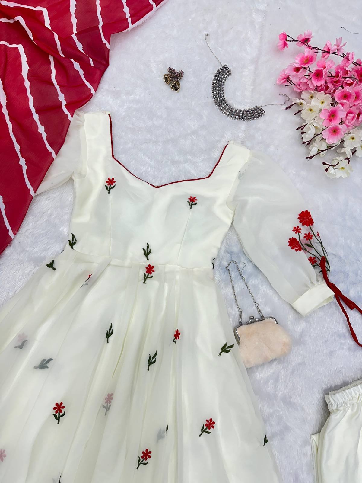 Frozen White Anarkali set -Easter special
