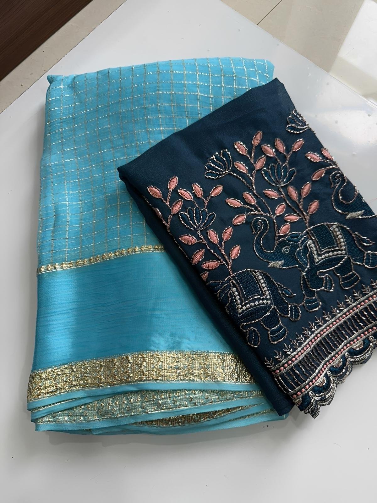 Nidhi Georgette Chex saree with Work blouse piece - Rich launch