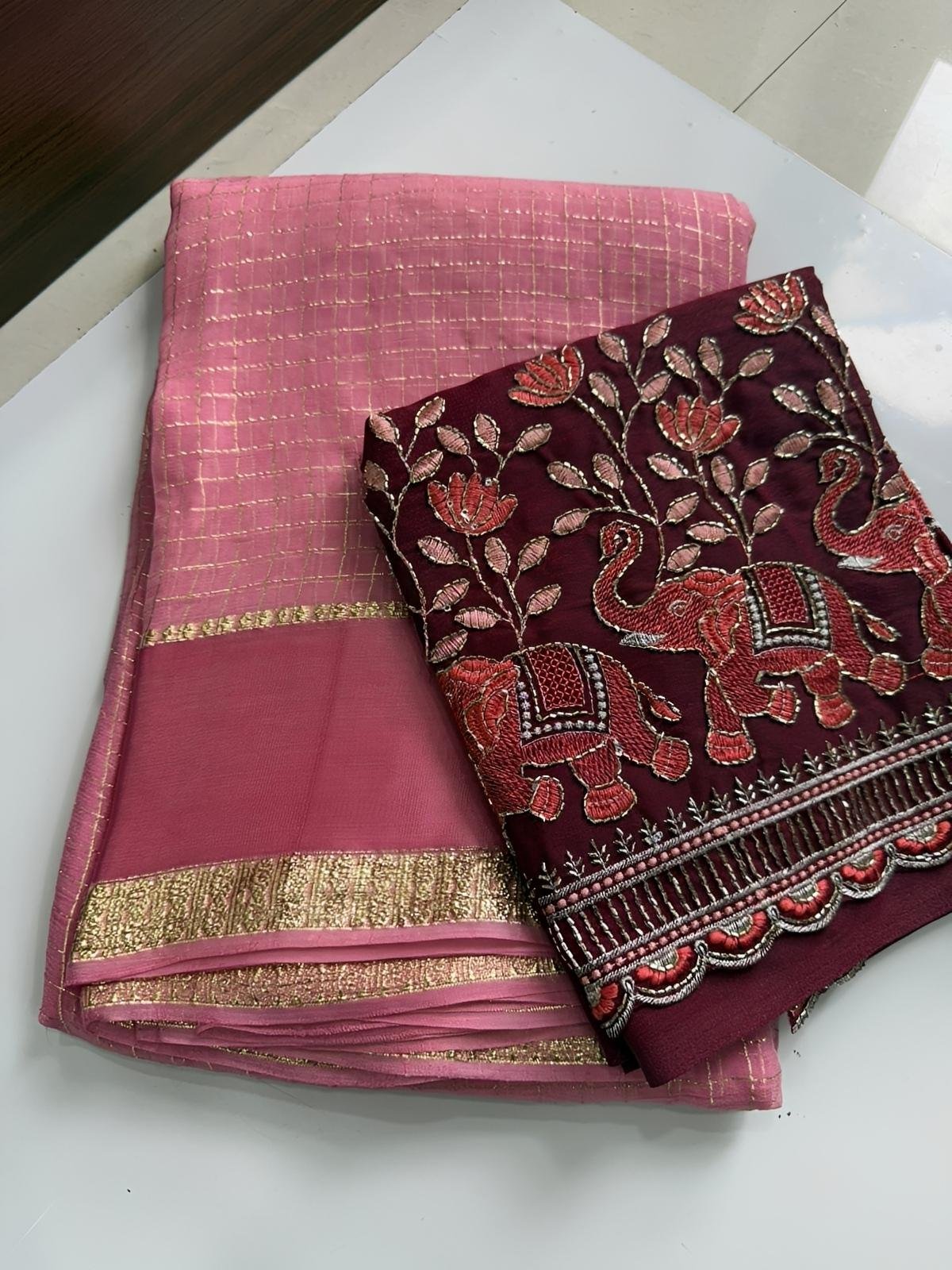 Nidhi Georgette Chex saree with Work blouse piece - Rich launch