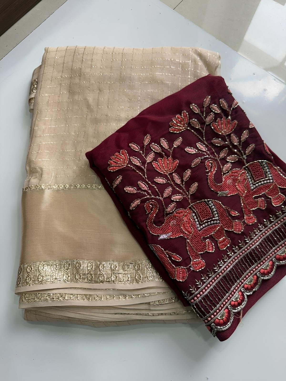 Nidhi Georgette Chex saree with Work blouse piece - Rich launch