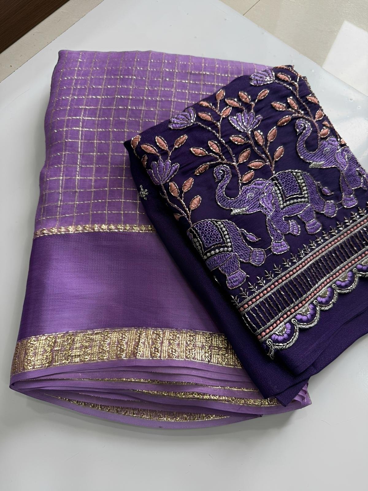 Nidhi Georgette Chex saree with Work blouse piece - Rich launch