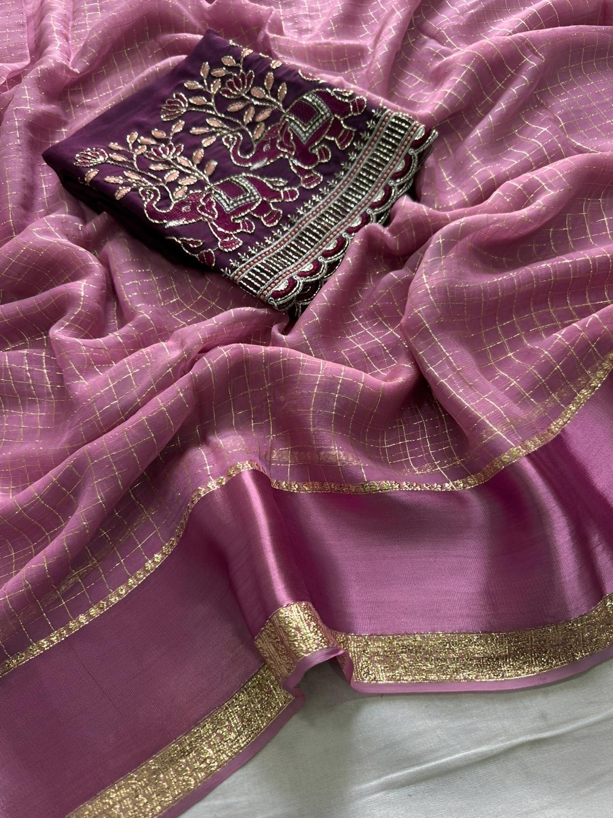 Nidhi Georgette Chex saree with Work blouse piece - Rich launch