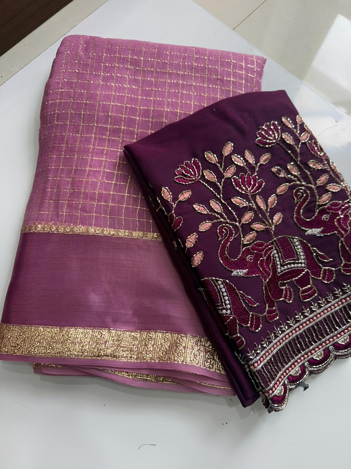 Nidhi Georgette Chex saree with Work blouse piece - Rich launch