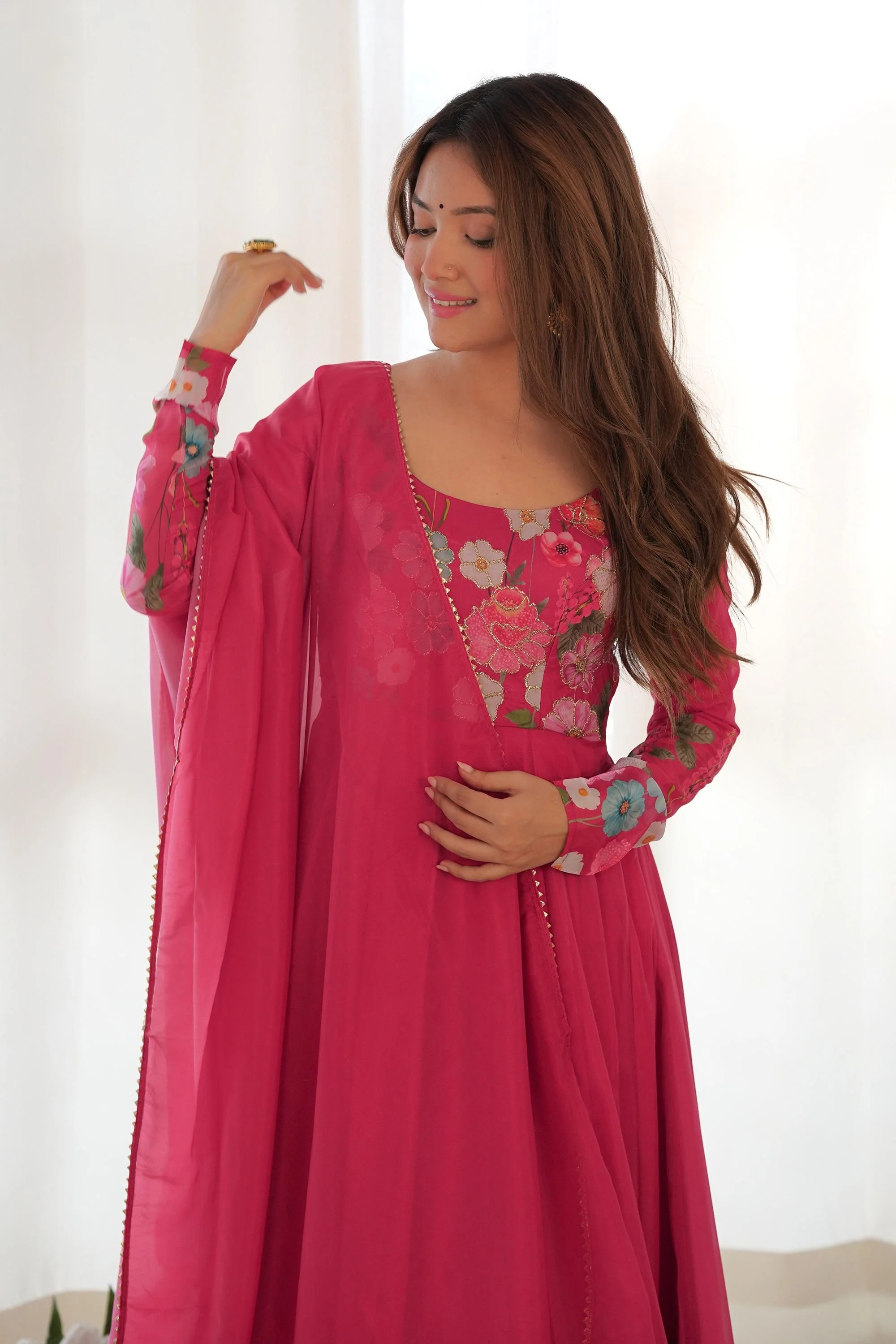 Floral Elegance: Flower Print Anarkali with Zari Work and Dupatta